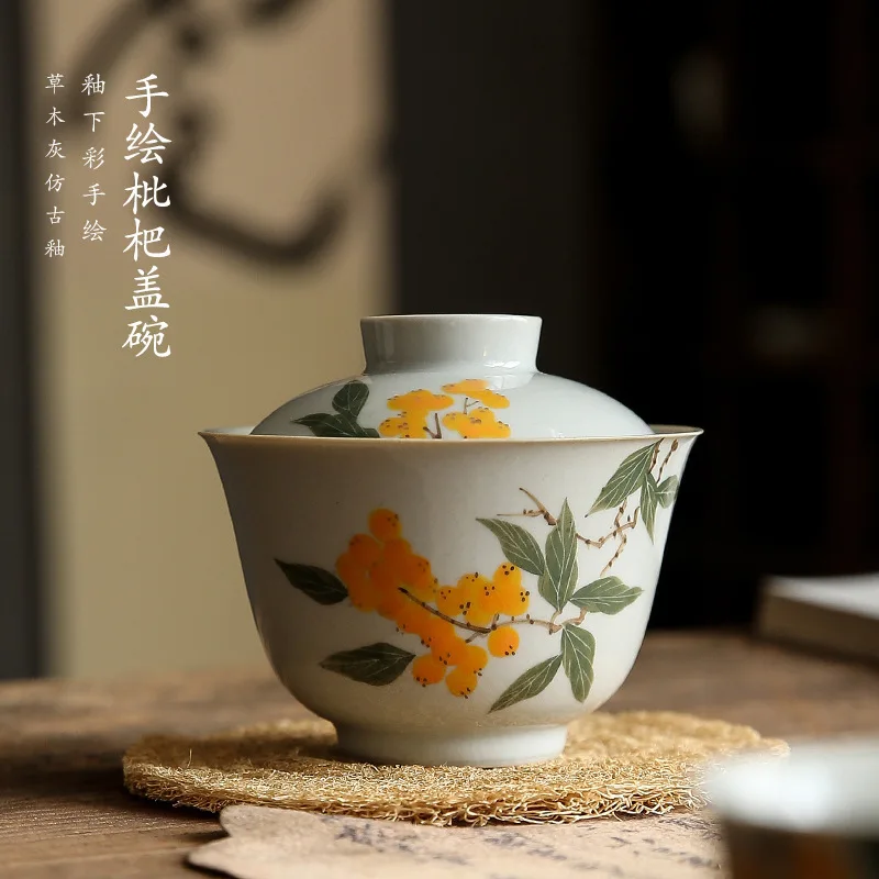 

Hand Painted under Glaze Loquat Cover Bowl Large Ceramic Teacup Kung Fu Tea Set Tea Bowl Single Home Tea Infuser