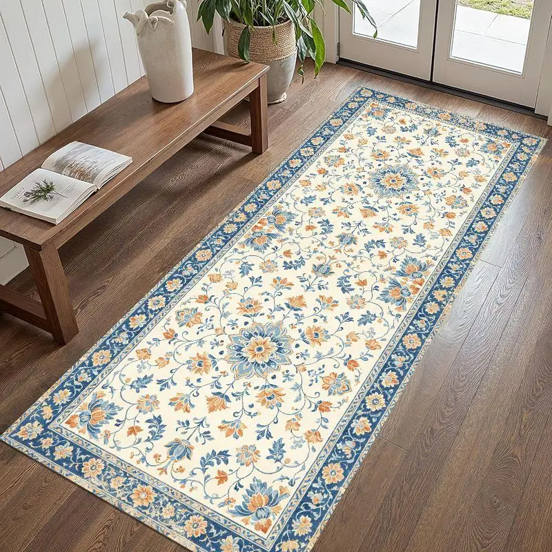 VIKAMA Retro Bohemian Runner Rug Anti-Slip Stain-Resistant Entrance Hall Floor Mat Bedroom Kitchen Rug Home Decoration