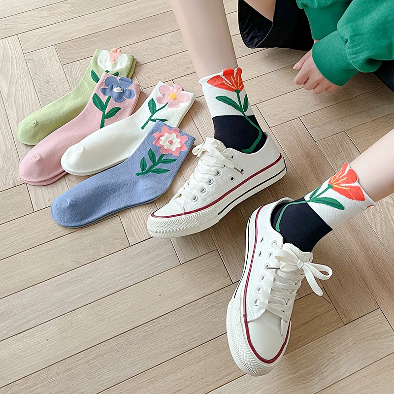 Japanese Korean Style Women Crew Socks Spring Autumn Candy Color Cute Cartoon Flower Harajuku Kawaii Casual Floral Mid Tube Sock