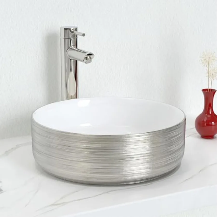 

Керамическая раковина-чаша для ванной комнаты, художественная, с матовой текстурой, серебряным декором, круглая, 14,2 дюйма