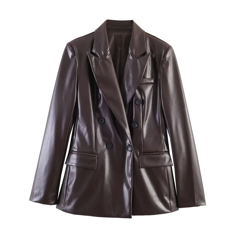 Fashionable Double-breasted Artificial Leather Suit Jacket for Women Short Style Long Sleeve Pure Color No-iron Treatment