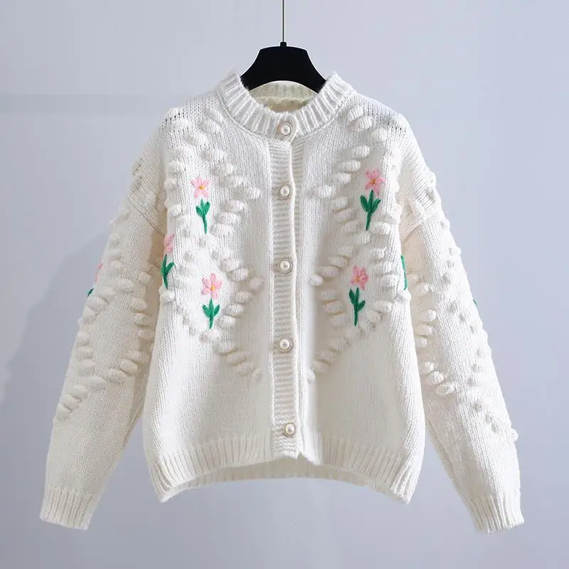 EVNISI Elegant Flower Embroidery Women Sweater Cardigan O-Neck Knitting Long Sleeve Jumpers Single Breasting Women Loose Sweater