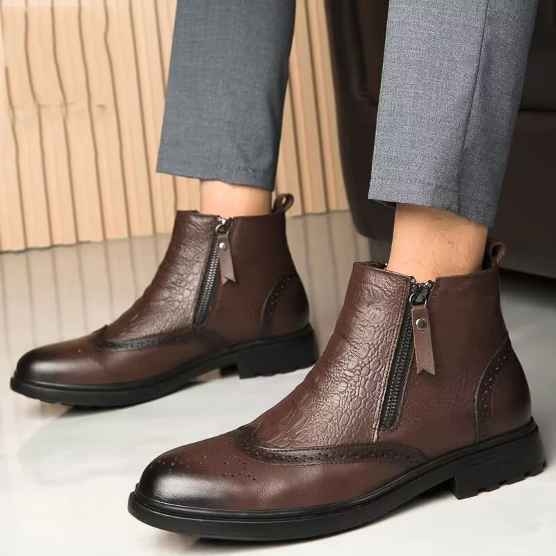 Boots Chelsea Leather  Ankle Shoes Wedding Dress Formal Mens Business Winter Warm Slip-on Boots Anti-slip Wearable Comfort Boots