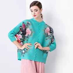 Miyake Pleated Flower Shirt Tops New Spring Summer Single Breasted Flora Print Pink High Stretch Loose Office Blouses For Women