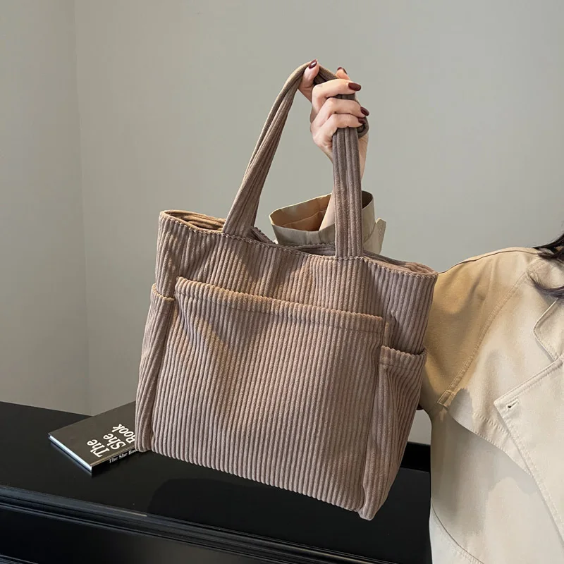 

New Corduroy Women Tote Shopper Bag 2025 New Female Student Shoulder Bag High Quality Luxury Designer Solid Color Canvas Handbag