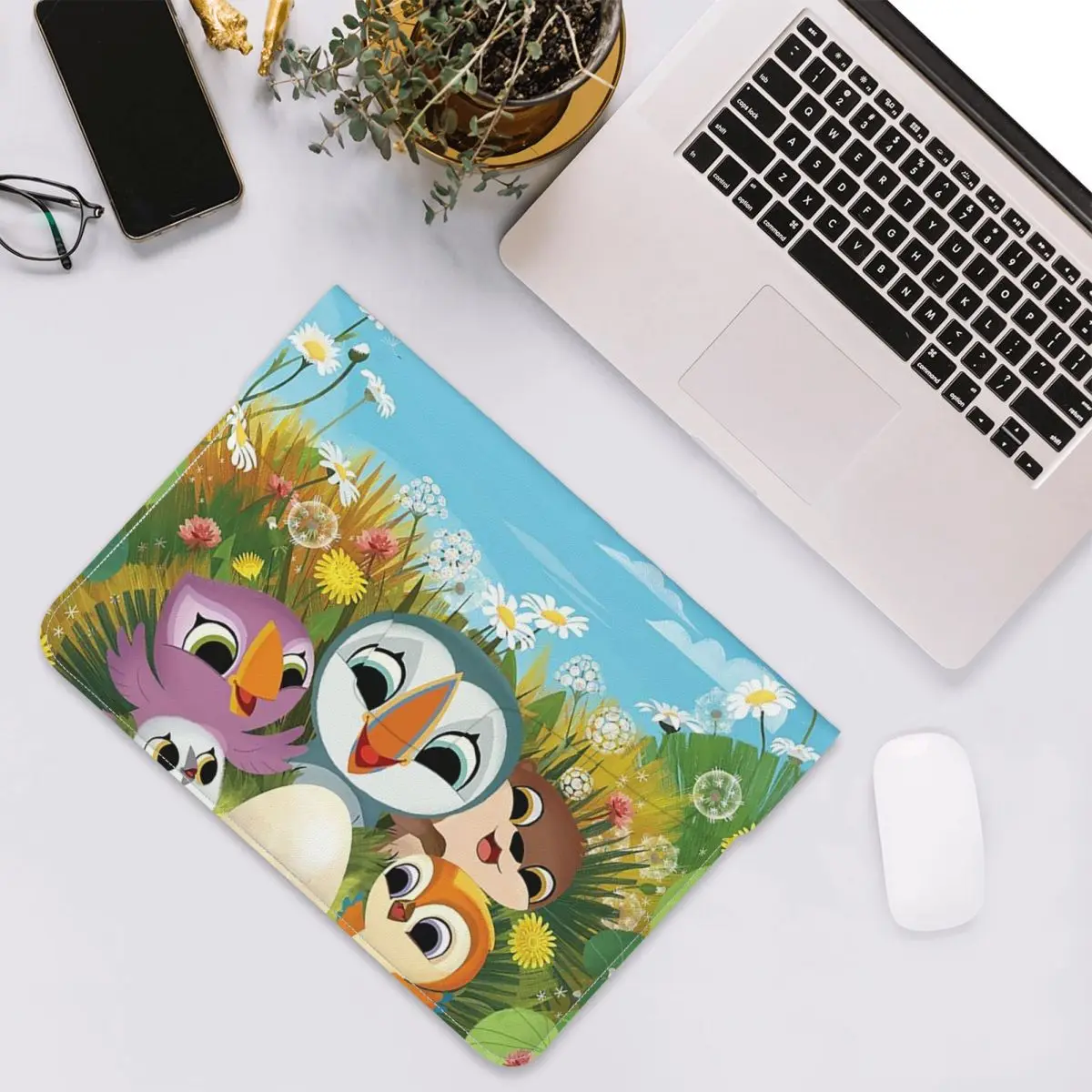 Puffin Rock Cartoon PU Leather Horizontal Laptop Sleeve Shockproof Soft Lining Notebook Case 13 Inch