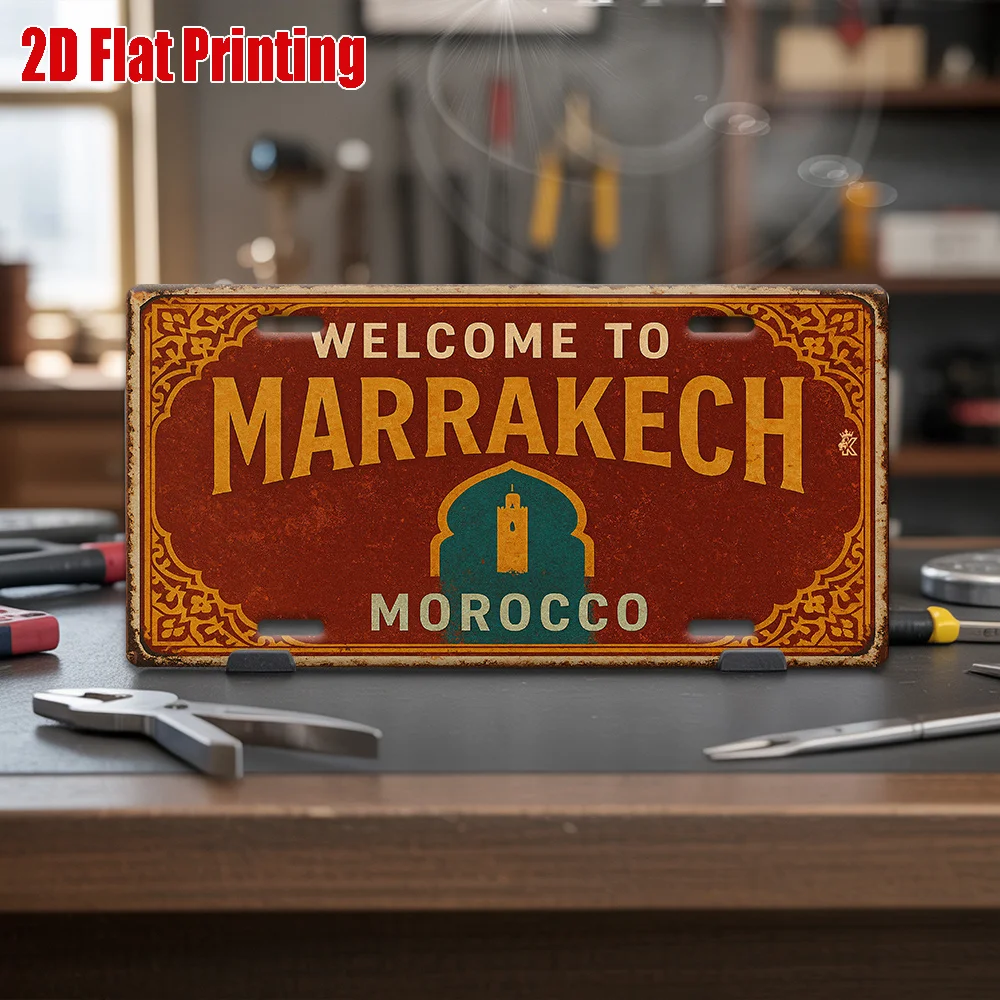 AL Welcome to Marrakech Morocco License Plate Sign - Vintage Durable Metal Plaque Wall Decor, Home Office Bar Man Cave Wall Art