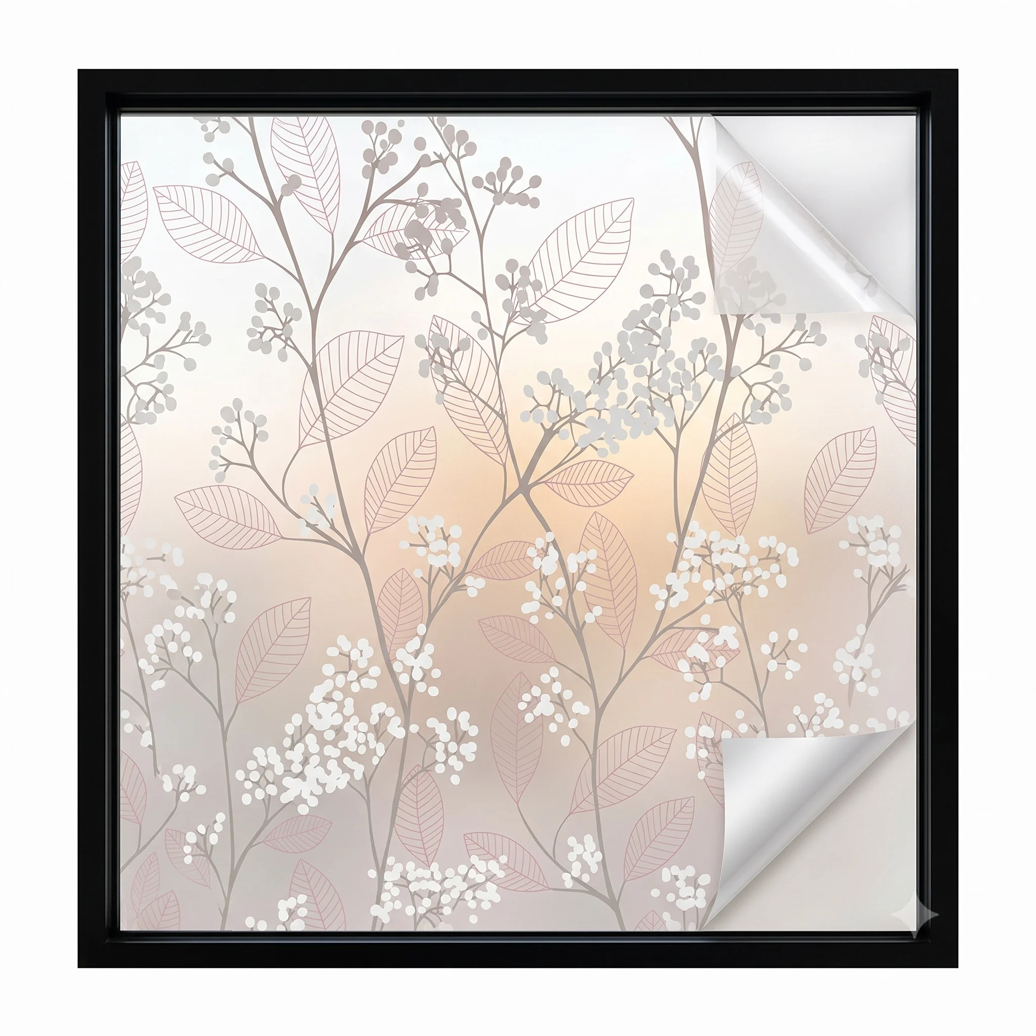 Pink Grey Floral Leaf Self-Adhesive Window Film - Residue-Free Removable Privacy Glass Sticker Waterproof Steam-Resistant for Ho