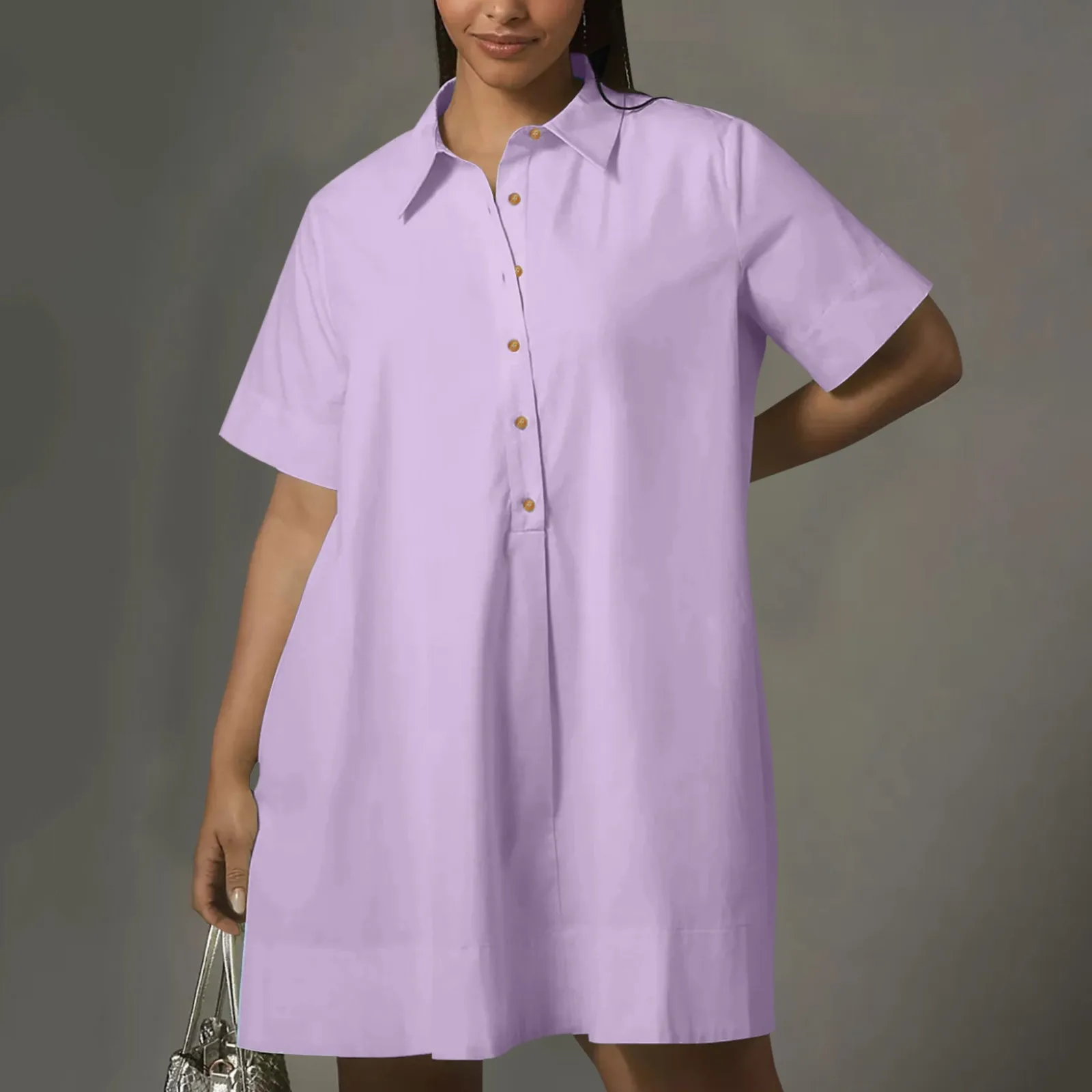 Casual Women's Loose Shirt Dress Turndown Collar Short Sleeve Summer Short Dress Female Fashion Solid Color Button Down Dresses