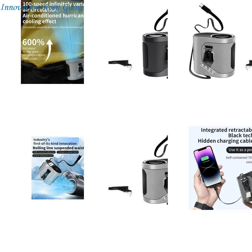 E65C Wearable Cooling Device 6000mAh Battery Power Waist Clip 100Wind Speed Retractable Charging Cable Camping Essential