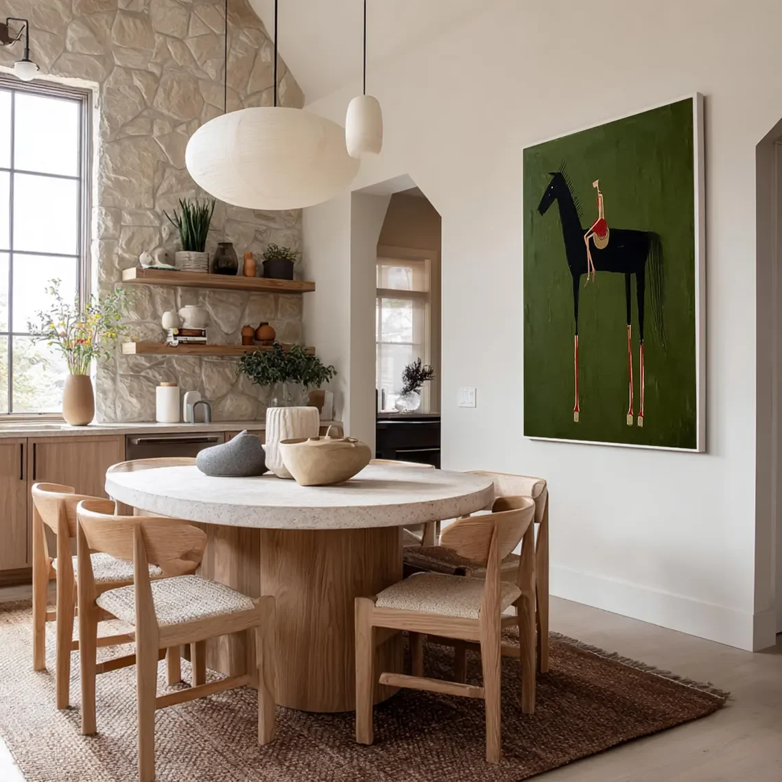 Horse Art Neutral Home Decor Painting Large Green Minimalist Canvas Brown Abstract Horse Rider Figure Painting Vintage Equestria