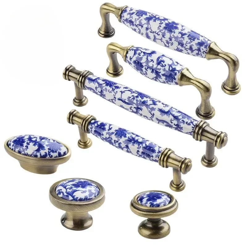 Blue and White Pottery Ceramic Handle New Chinese Solid Wood Cabinet Wardrobe Shoe Cabinet Drawer Single Hole Round Door Handle