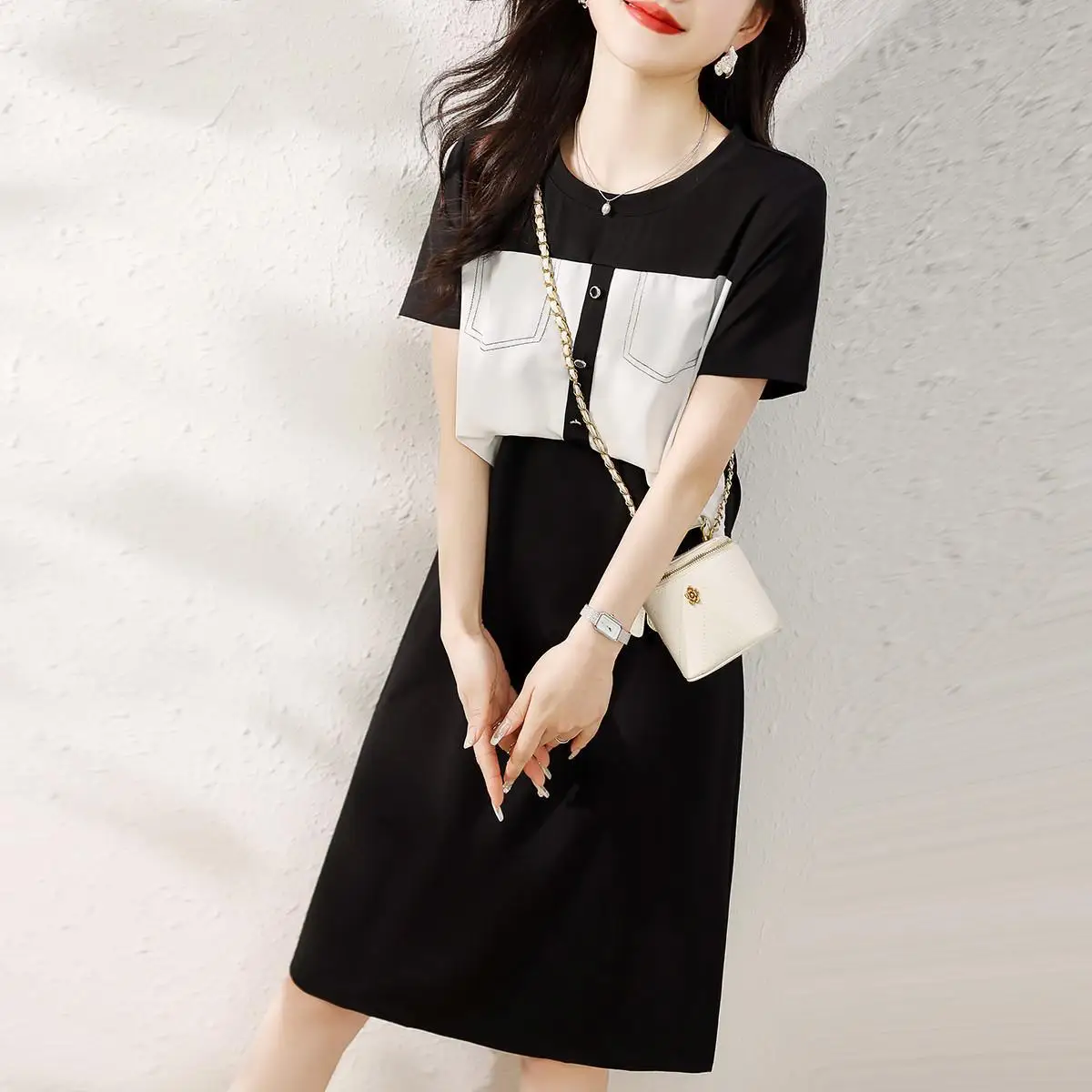 Women'S Patchwork False 2 Pieces Dress Summer Clothing 2024 New Fashion O-neck Short Sleeve Elegant Office Lady Dresses S-XXL