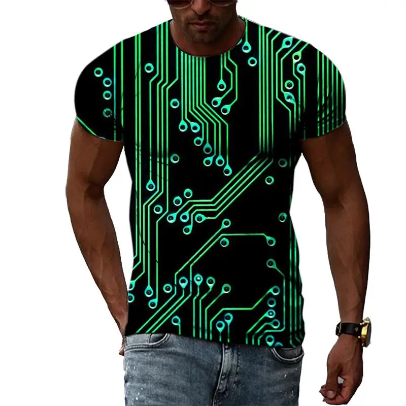 New Tide Summer Fashion Circuit Board Picture T-shirts Casual Print Tees Hip Hop Personality Round Neck Short Sleev Tops