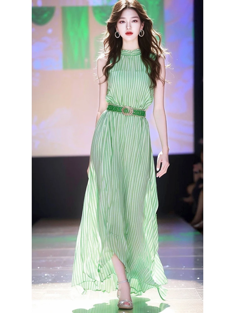 우아한 그린 롱 드레스 여성 여름 하이엔드 여신 스타일 민소매 폴리에스터 섬유 주름 스커트 X자형 가운