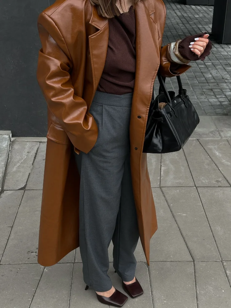 

Fashion Women's Faux Leather Long Trench Coat Casual Lapel Single Breasted Wide Shoulder Jacket 2025 Autumn Chic Lady Outerwear