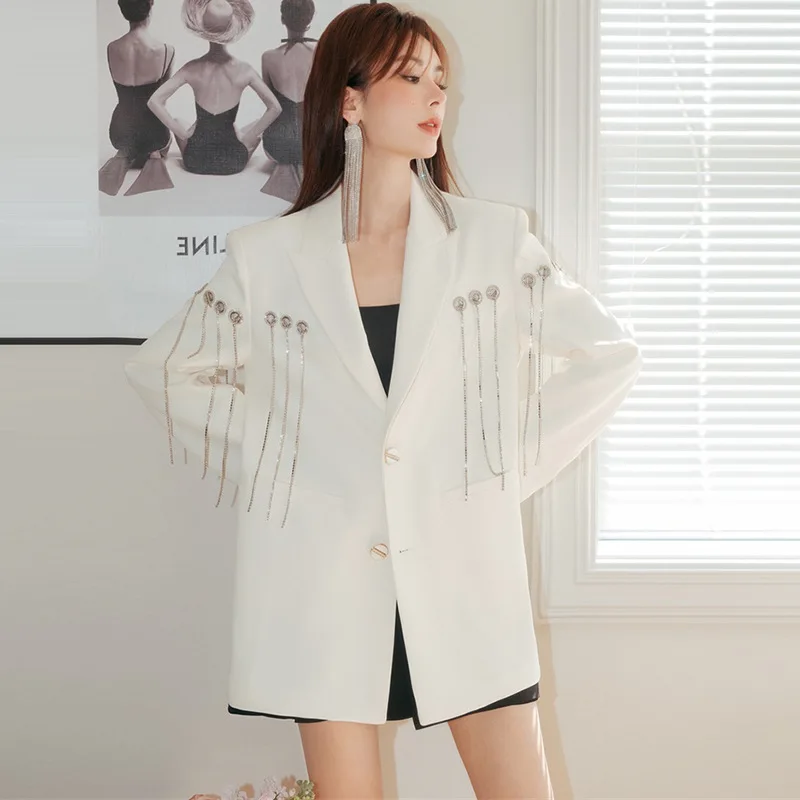 Heavy Industry Diamond Metal Chain Decoration White Blazer Jacket Women's Spring New Temperament Loose Casual Suit Coat Oversize