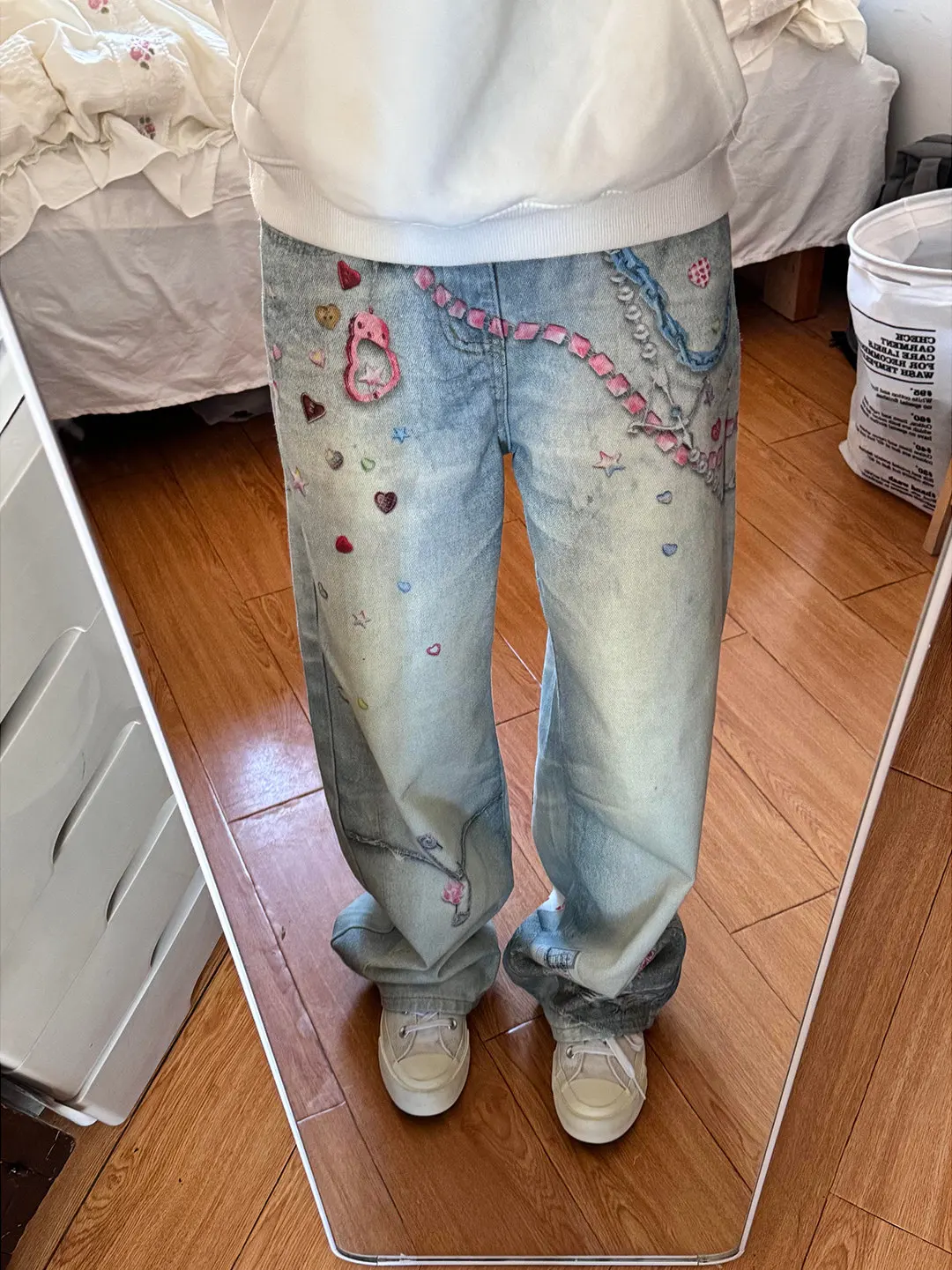  Heart Chain Digital Print Washed Denim Pants Straight Leg Long Trousers Youth Fashion mid Waist Zipper Fly Jeans