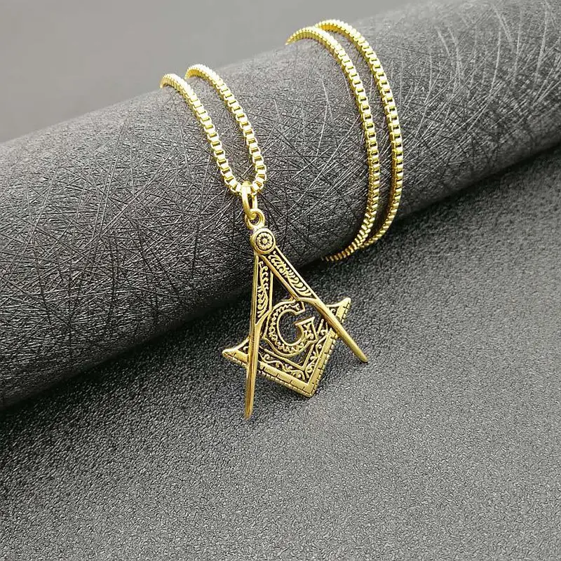 Men\'s Gold color Masonic Symbol Pendant Necklace 316L Stainless Steel Fashion Punk Retro Freemason Pendant