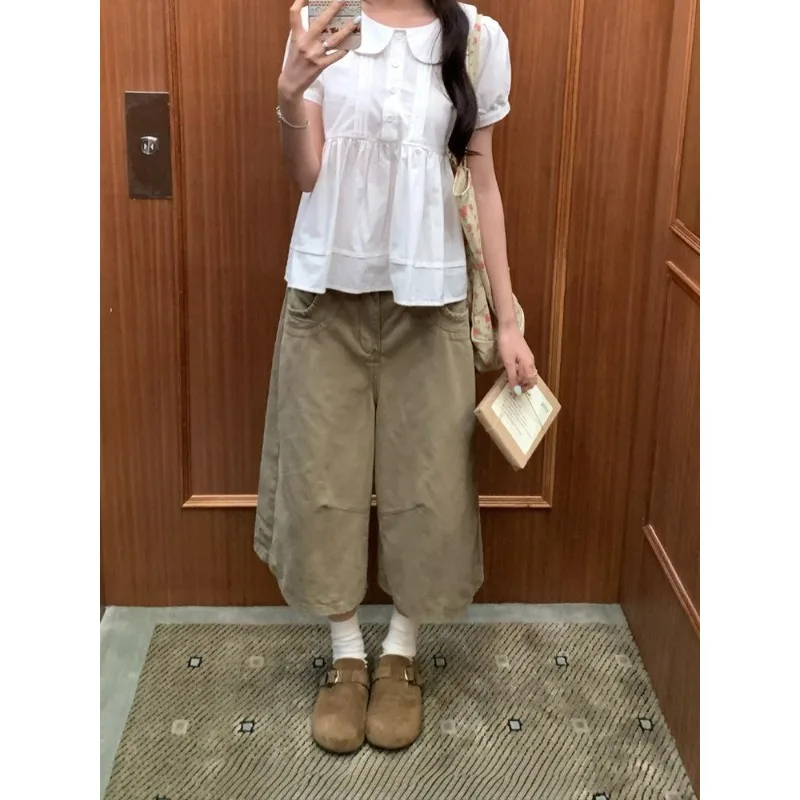 Vintage American Loose Wide Leg Denim Capris Women Comfortable High Quality Khaki Eight Length Jeans 2026 New Trendy Daily Wear