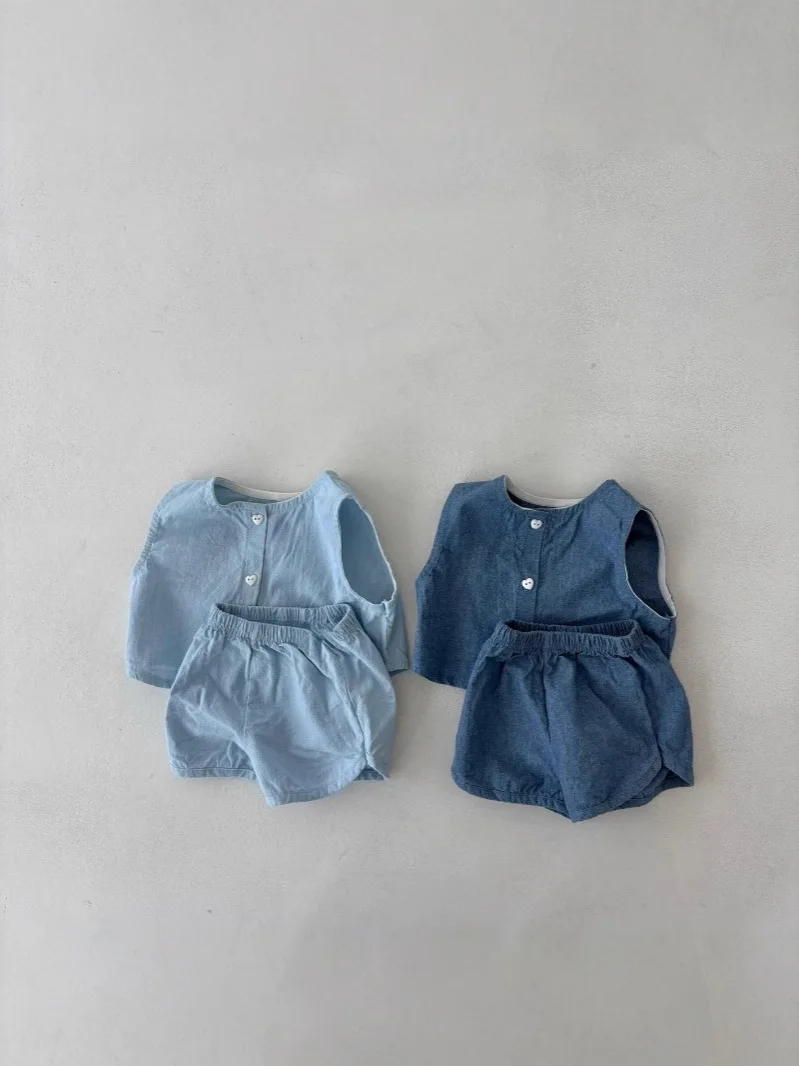 Boy Girl Denim Vest Cardigan + Shorts 2pcs Suit Infant Toddler Versatile Casual Set 2025 Summer New Baby Sleeveless Clothes Set