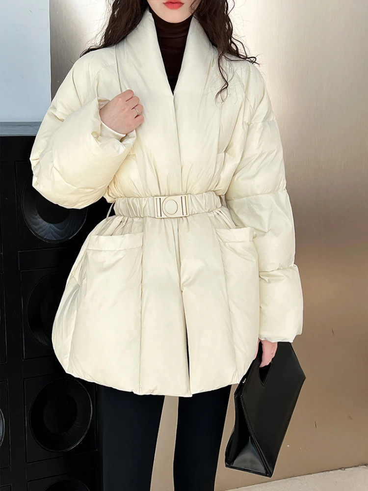 Puffer Down Jackets for Women, High-end V-neck Coats with Belt, Waist Outerwears, Thick and Warm, Chinese Style, Winter, New