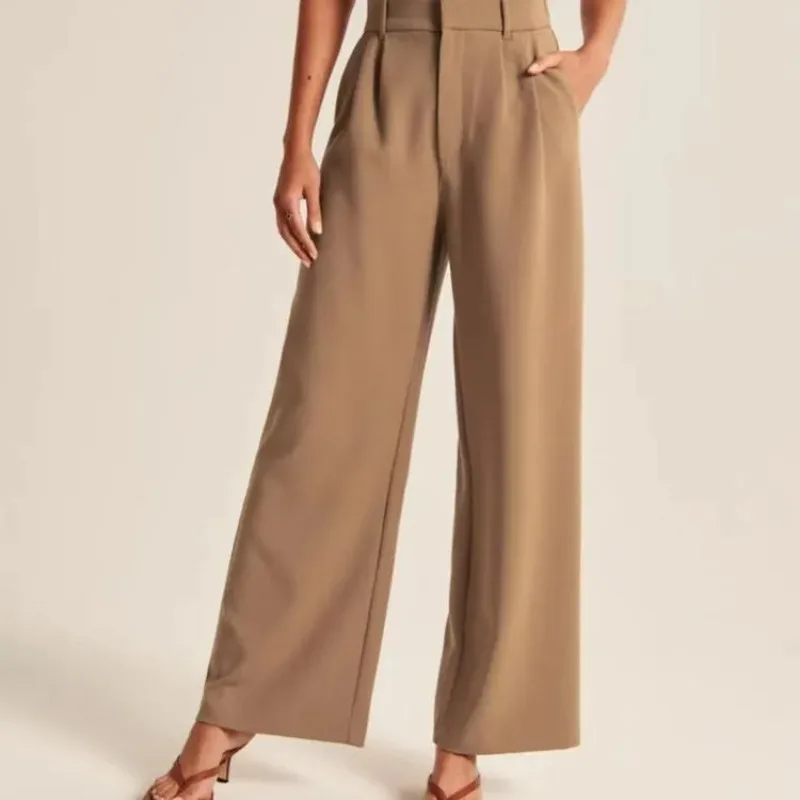 Women's High-Waisted Straight-Leg Trousers Casual Office Wear Slim-Fit Cut Solid-Colour Suit Trousers