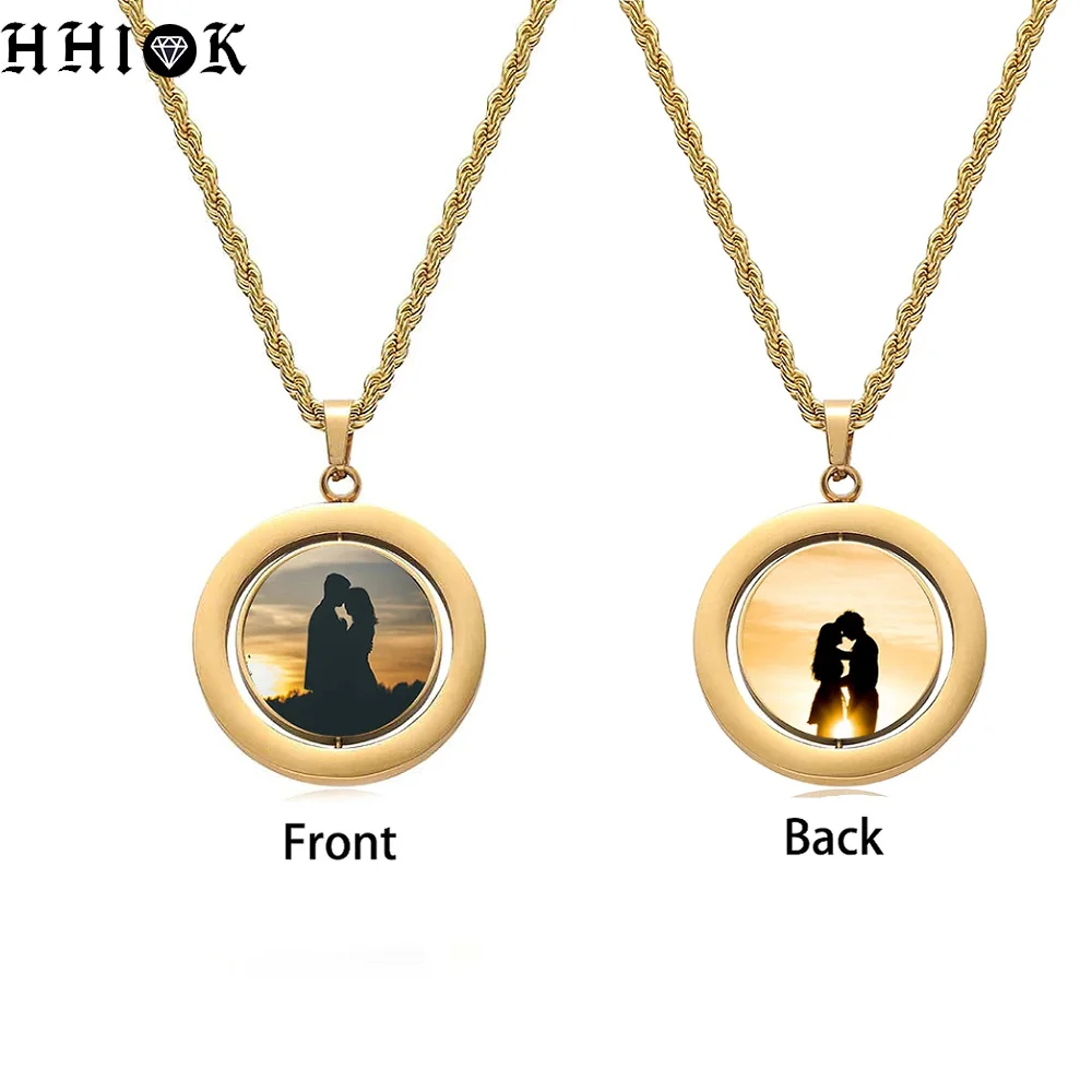 Hip Hop Stainless Steel Double-Sided Rotating Circular Photo Pendant DIY Creative Photo Frame Necklace Jewelry