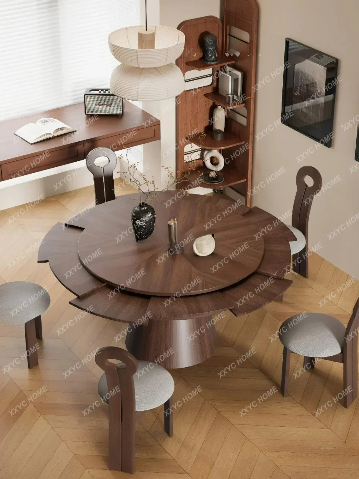 Deformation round Table Antique Style Solid Wood Rotating Retractable Dining Table  Retro FoldingLX