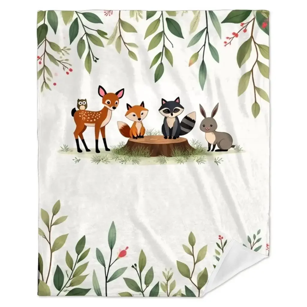 1pc Whimsical Animal Print Flannel Throw Blanket - Cozy Deer, Fox, Raccoon & Rabbit Design with Green Foliage