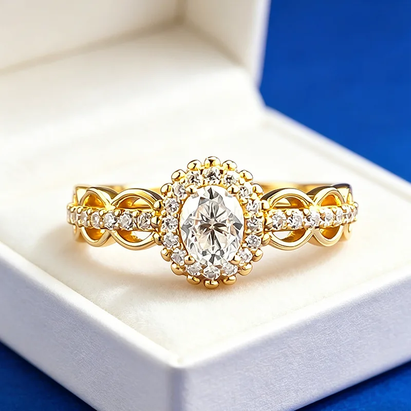 luxury real gold jewelry 24k certifid cultivated 4*5mm oval 50-point moissanite D color haute couture ring