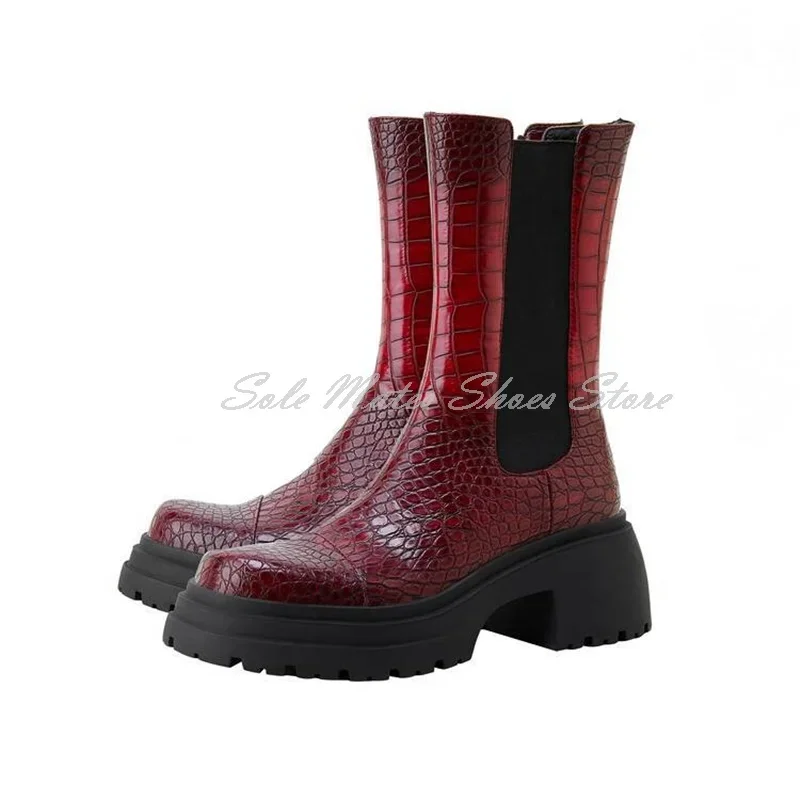 Vintage Burgundy Crocodile Pattern Women's Boots Round Toe Thick Sole Slip On Mid Calf Boots British Style Modern Boots Spring