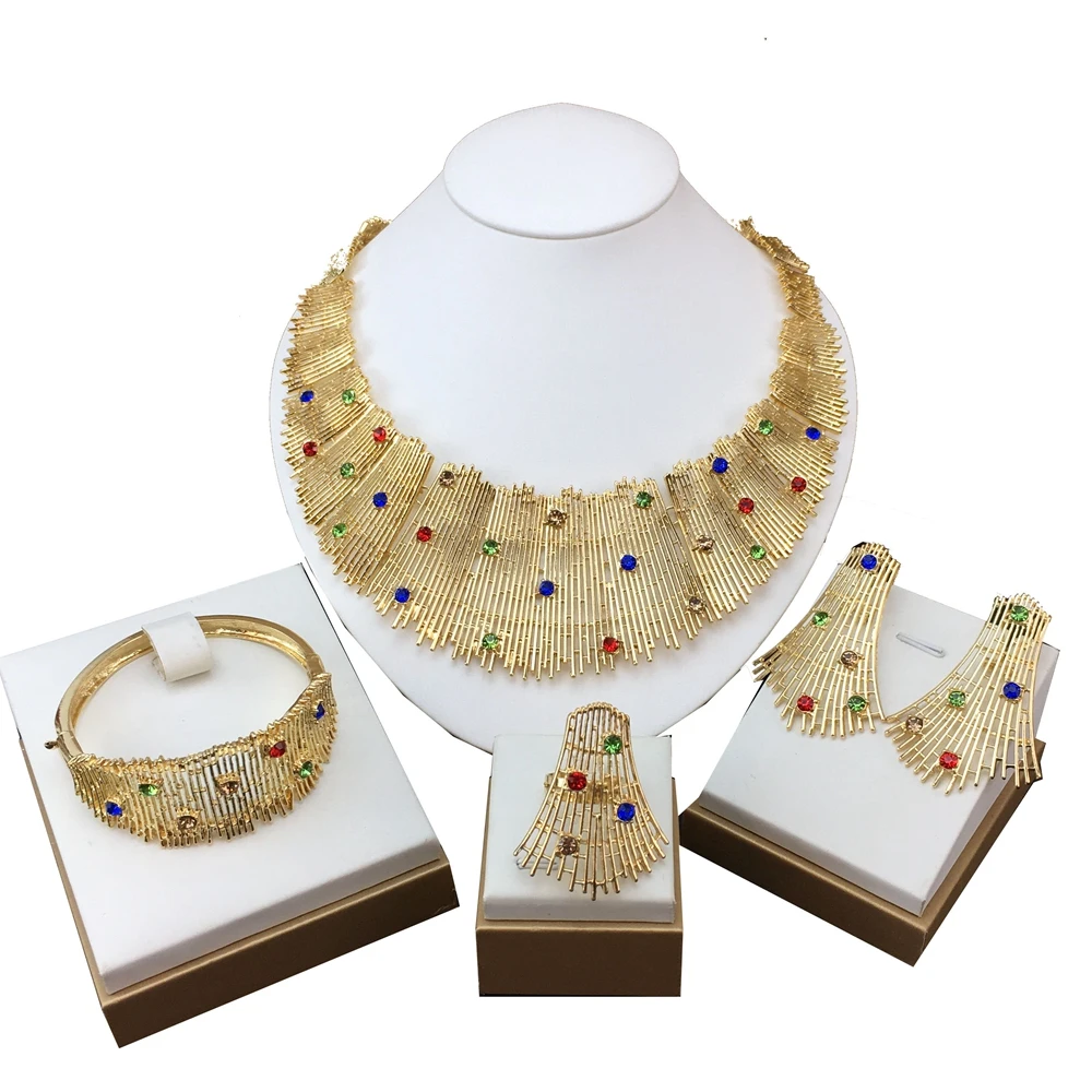 

Fashion Italian Gold Plated Jewelry Set Dubai Gold Color High Quality Ladies Necklace Earrings Bracelet Rings Banquet W FHK18461