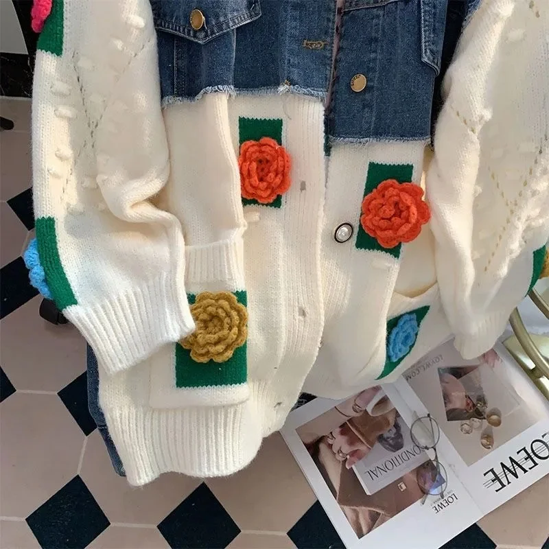 Fat MM Denim Stitching Three-dimensional Flower Sweater Female 2023 Spring Autumn New Loose Lazy Cardigan Female Coat Commute