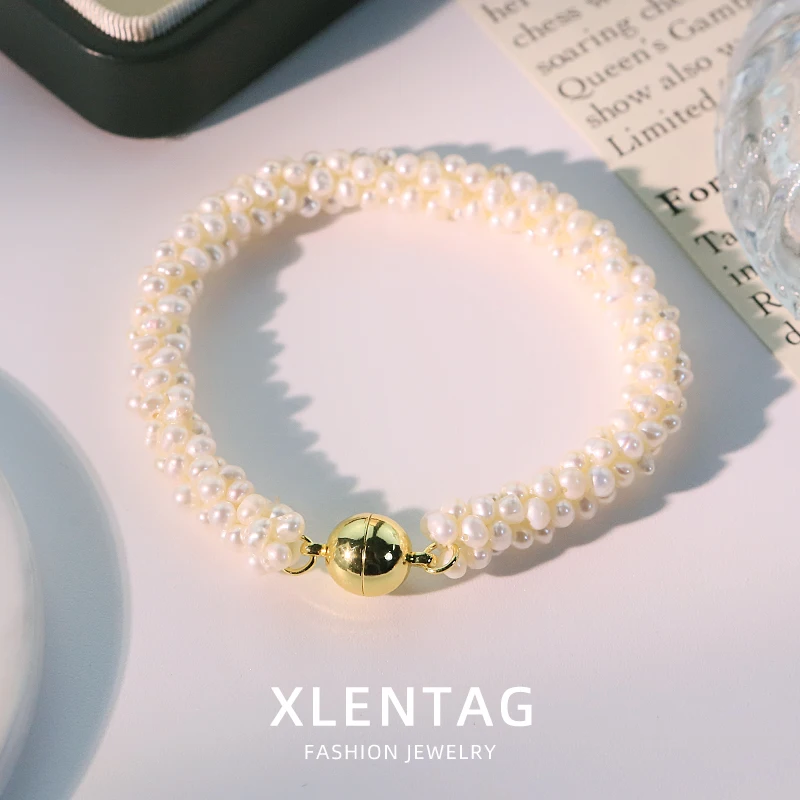 Natural Freshwater Pearl Magnetic Clasp Caterpillar Necklace And Bracelet Handmade Custom Fashion Women'S Jewellery Set GN0644