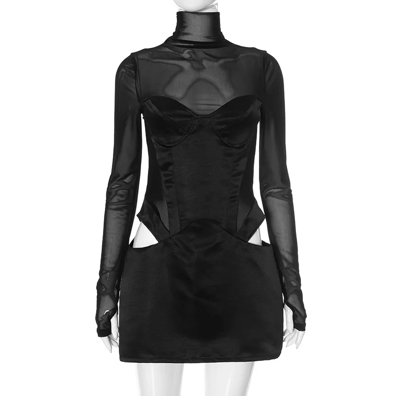 Weibliche Pullover Sexy Frauen Mesh Rollkragen Langarm Satin Cut Out Kleid Bodycon Kurze Club Abend Mode Party Kleid