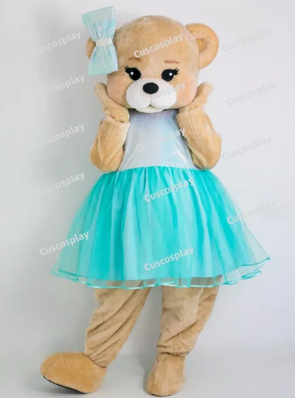 ChristmasCute Teddy Brown Bear Mascotte Blue Dress Fancy Cartoon Mascot Costume Plush Fancy Dress