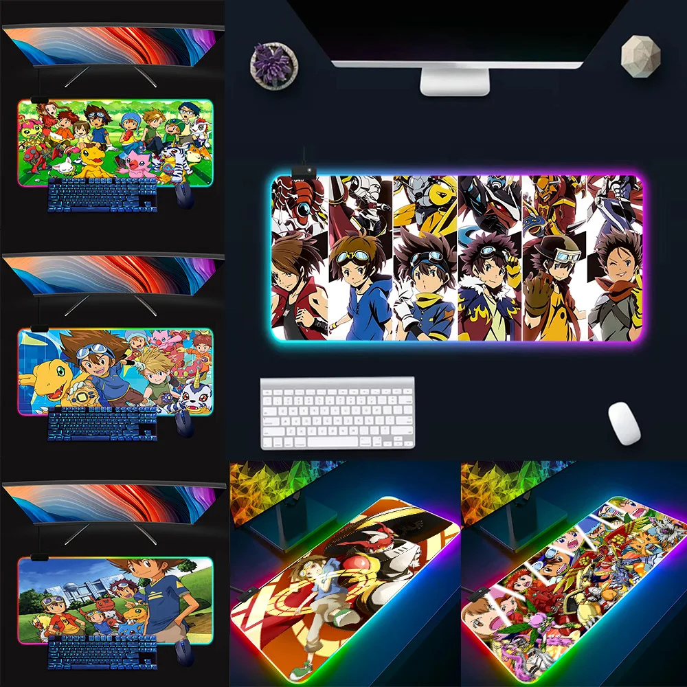 Anime Digimons RGB Pc Gamer Keyboard Mouse Pad Mousepad LED Glowing Mouse Mats Rubber Gaming Computer Mausepad