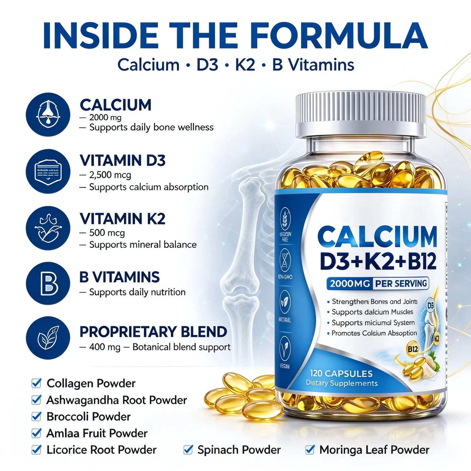 120 Capsules Advanced Calcium D3 K2 B12 Blend Support Bone Wellness Calcium Absorption Immune Health Vegan Daily Supplements