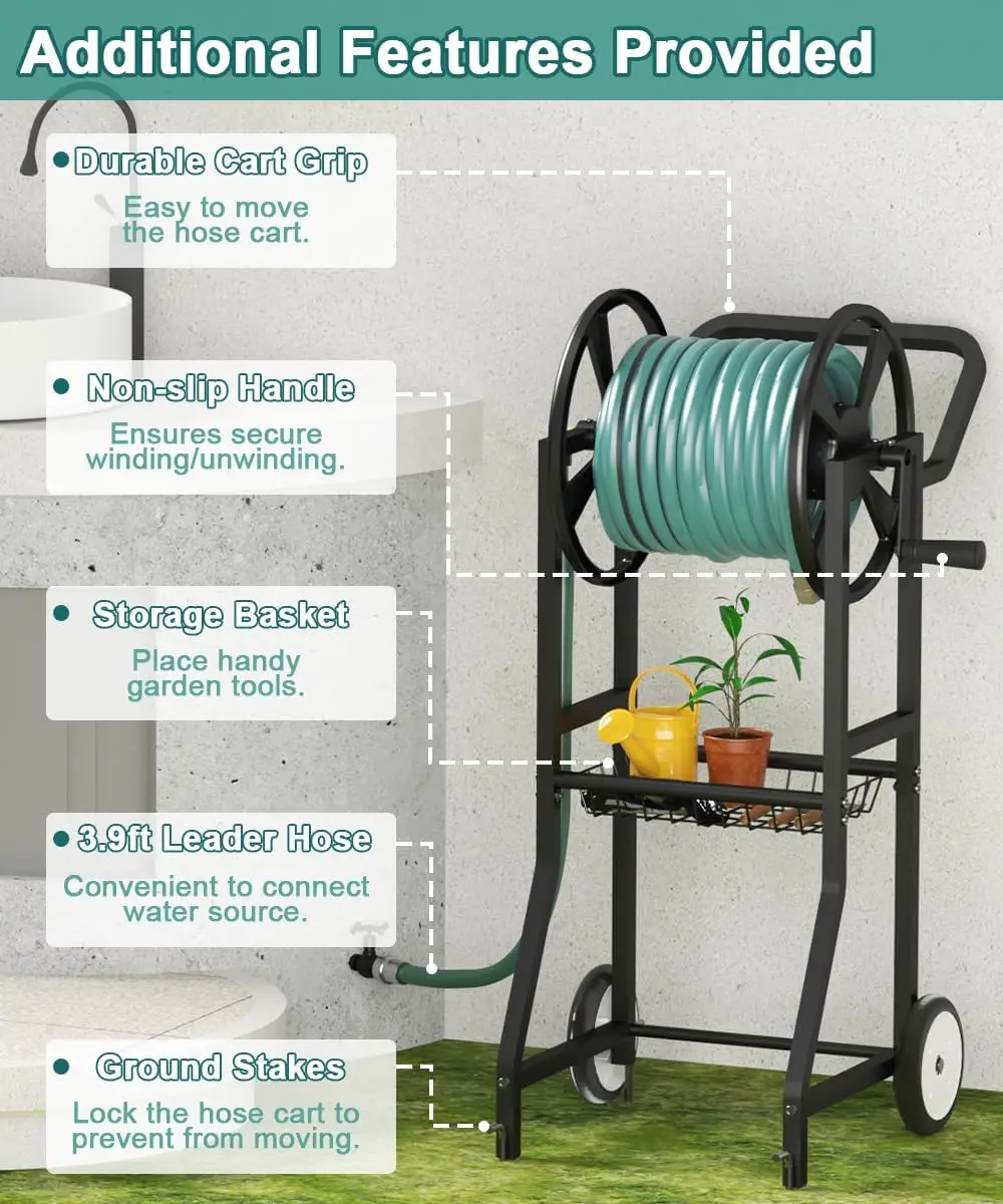ホイール付きガーデンホースリールカート、屋外用ヘビーデューティーパウダーコーティングスチール製ウォーターワインダー収納、125フィート5/8インチホースと3.9フィートに対応