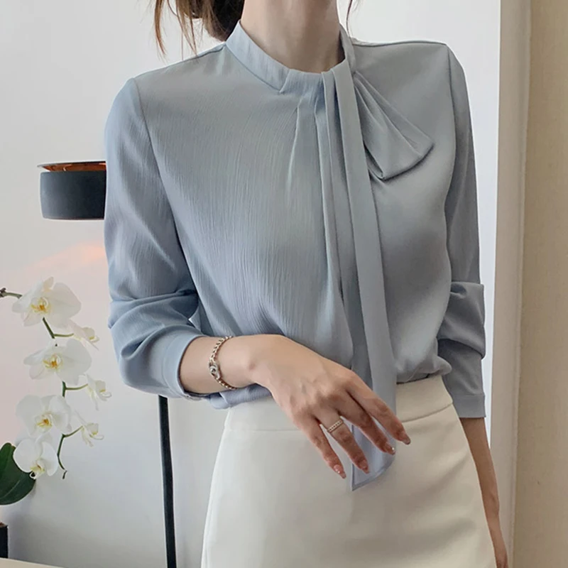

Blue Ribbon Shirt Women Long Sleeve Professional Texture Turtleneck Satin Blouse Female Elegant Office Ladies Tops Workwear
