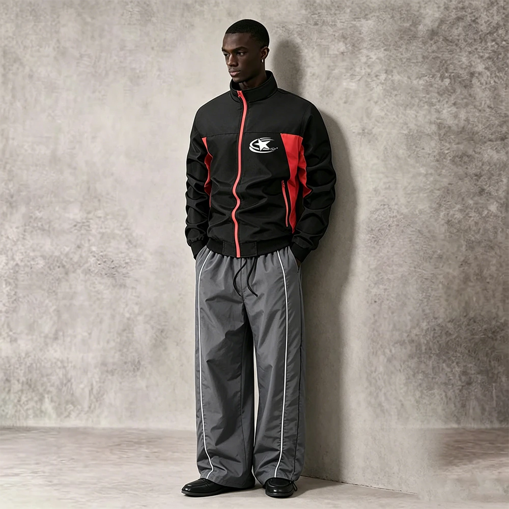 

Men 2 Pieces Tracksuit Color Block Stand Collar Zip Up Jacket Star Print Side Stripe Drawstring Sweatpants Casual Sports Outfit