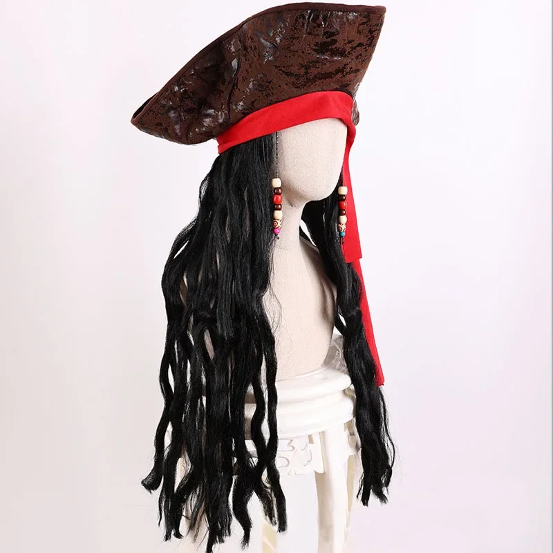 SN55Adult Pirate Captain Jack Braids Wig Hat Halloween Pirate Cap for Men Cosplay Performance Costume Accessories$5Q@1