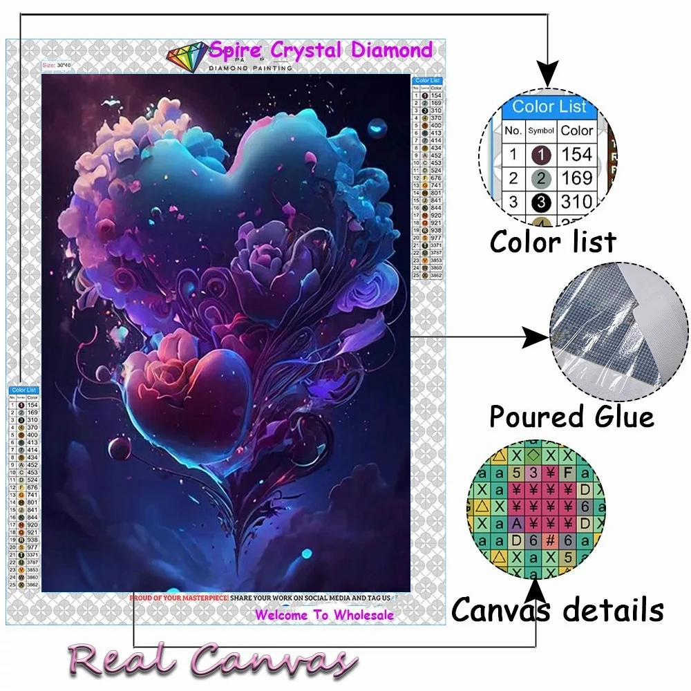 Purple Heart Flowers Diy Crystal Diamond Art Painting 2024 Kit Embroidery Valentine's Love Cross Stitch Mosaic Home Decor Gift