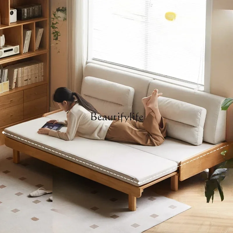 

01Solid Wood Sofa Bed Small Apartment Living Room Dual-Use Telescopic Bed Modern Simple Home Log Folding Sofa