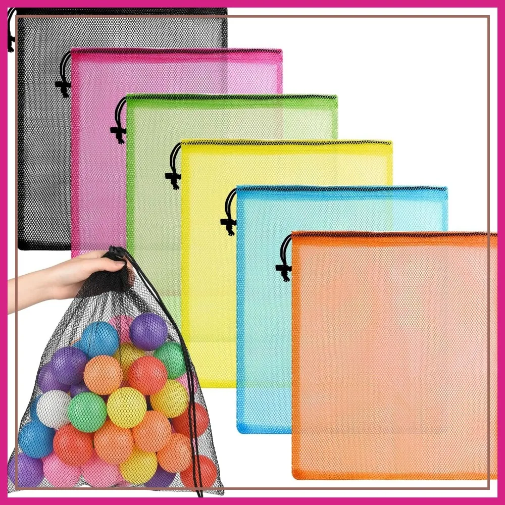 6 Pcs Mesh Drawstring Laundry Bags, 18x12 Inch Nylon Bags for Pool Beach Ball Toys Storage, Travel Sports Gym (Multicolor)