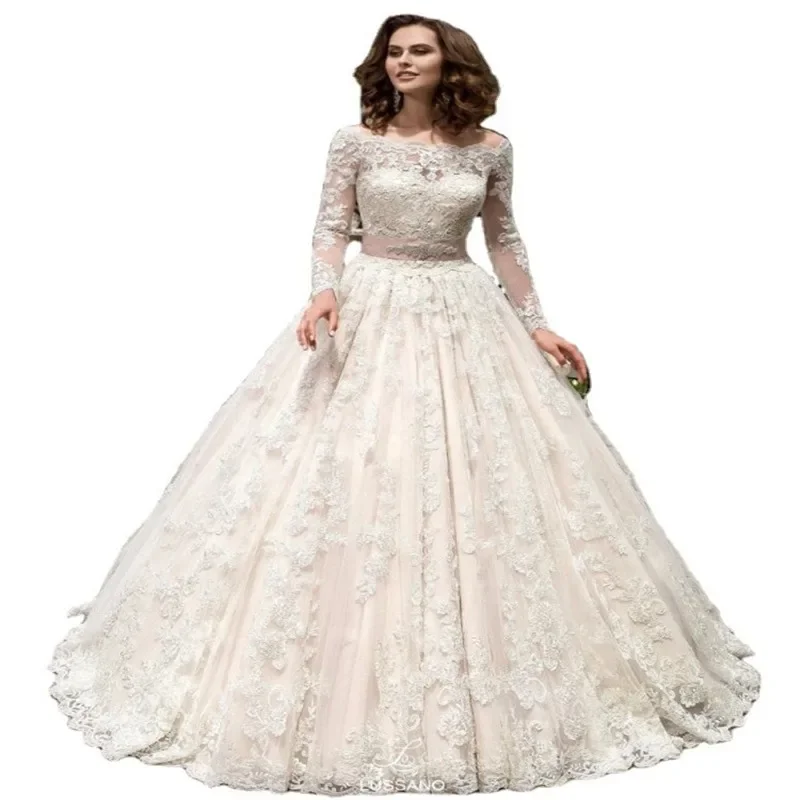 Customized Classic Off The Shoulder Garden Wedding Dresses With Satin Ribbon Sash Illsion Button Back Long Sleeves Plus Size Br