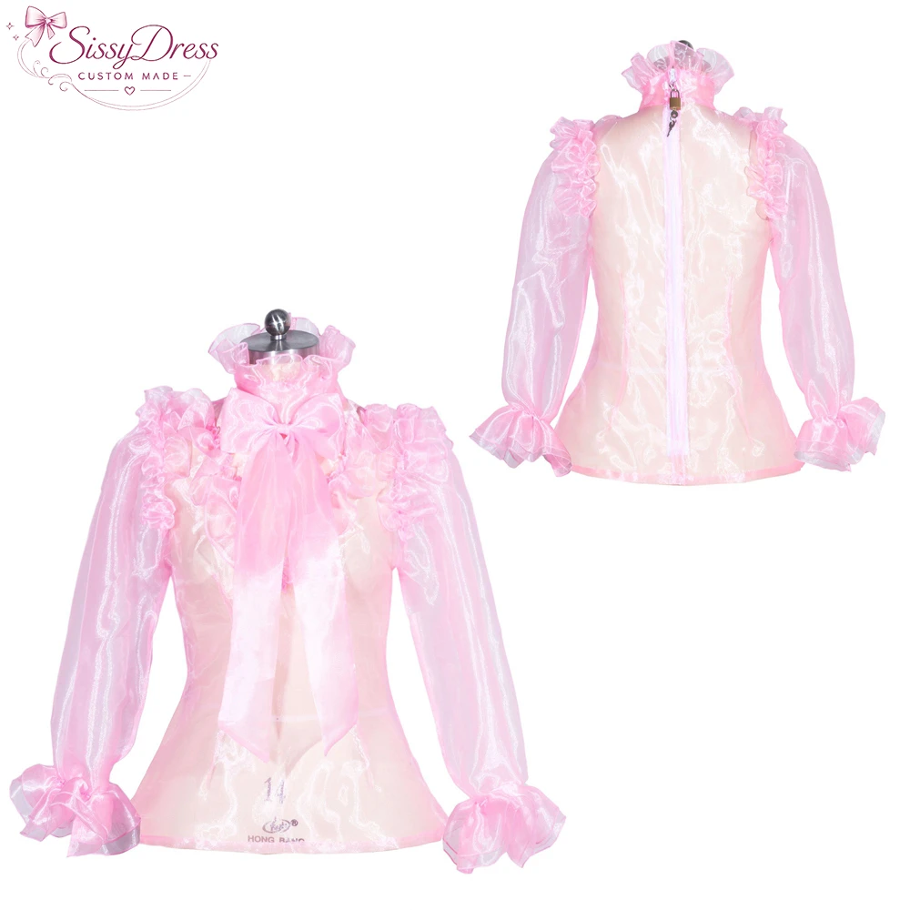 

sexy crossdressing sissy maid short French glass silk lockable organza pink shirt sissy blouse[G3951]