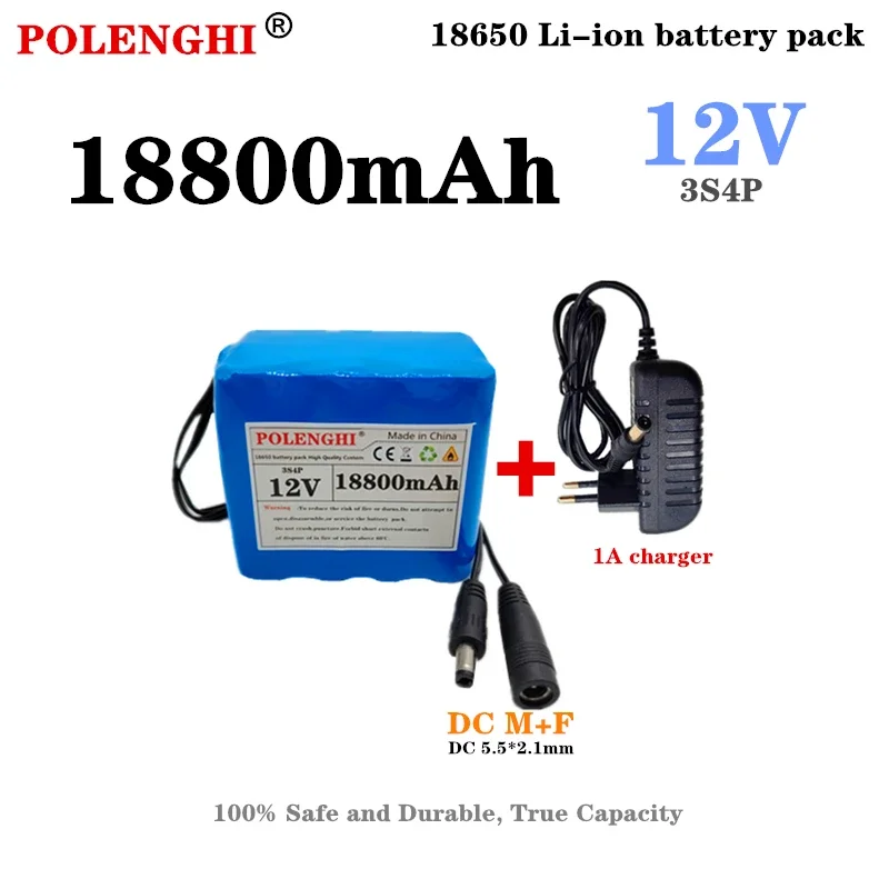 POLENGHI 3S4P 12V 18.8Ah 18650 rechargeable lithium-ion battery pack 18800mAh DC plug 5.5 * 2.1mm 12.6V 1A charger