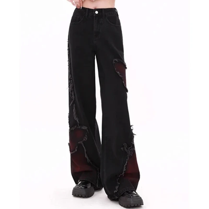 Y2K Black Women Jeans Harajuku High Waist Aesthetic Butterfly Straight Denim Pants Female Korean Vintage Wide Leg Denim Trouser